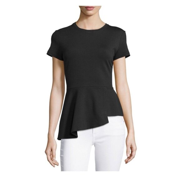 bcbgmaxazria Peplum black crew neck short sleeve asymmetrical top Xs - Picture 1 of 4
